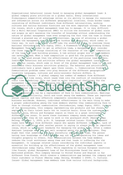 Organizational Behvaior Issues Faced in Managing Global Managment Team