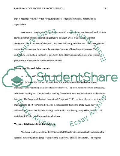 Psychological Testing and Assessment of Adolescents Paper
