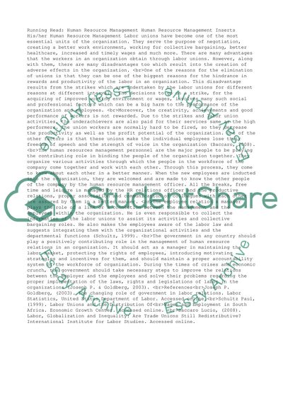 Role of Unions and Human Relations Management Personnel