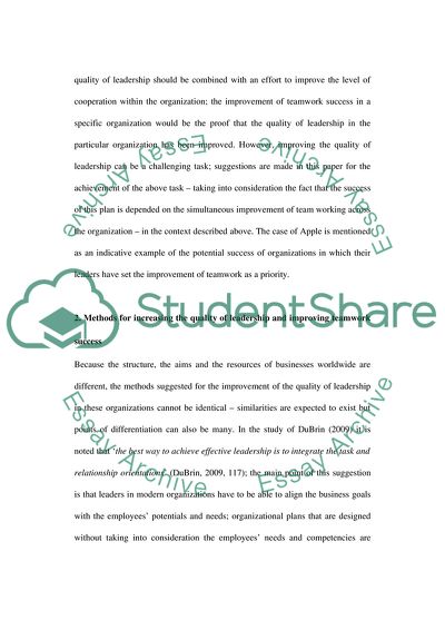 Advise on Ways of Increasing the Quality of Leadership and Improving Teamwork Success