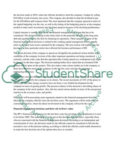 British Petroleum - Impact of Financial Management Decisions on a Firms Value