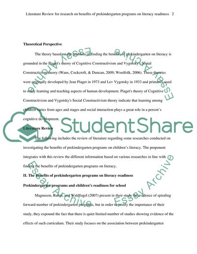 Literature Review for research on benefits of prekindergarten programs on literacy readiness