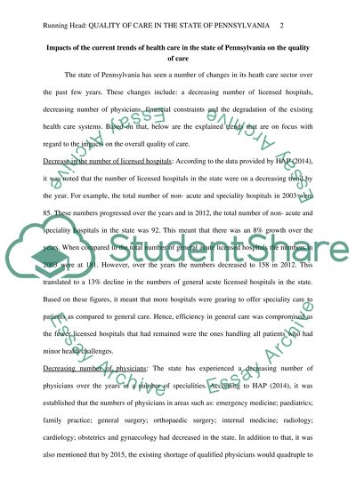 Impacts of the Current Trends of Health Care in the State of Pennsylvania on the Quality of Care