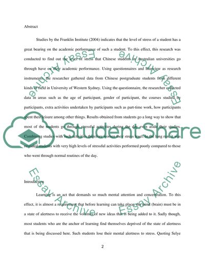 Stress Level and Academic Performances for Chinese Overseas Students in Australia