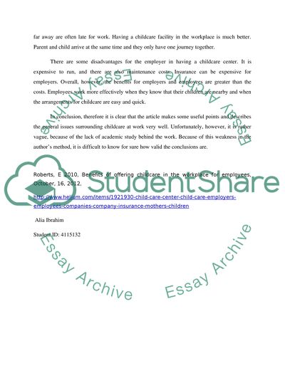 Article Review for Benefits of offering childcare in the workplace for employees