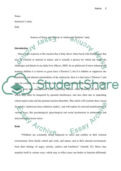 Sources of Stress and Anxiety in Adolescent Students Study