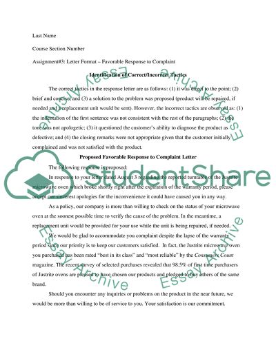 Proposed Favorable Response to Complaint Letter