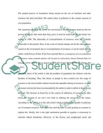 Tragedy of the Commons Written by Garret Hardin