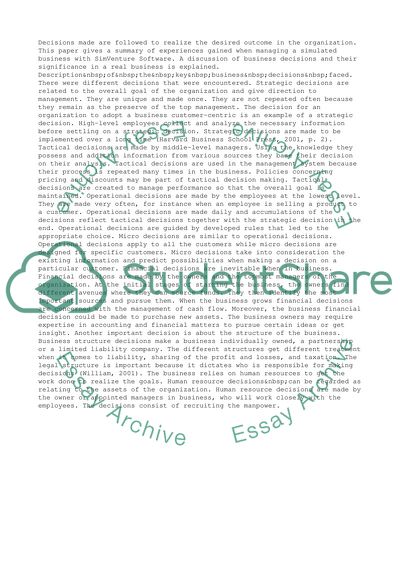 Description of the SimVenture Key Business