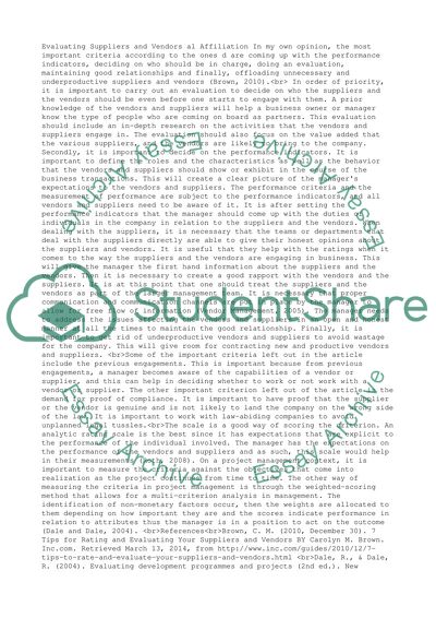 Discussion Board - Evaluating Suppliers and Vendors