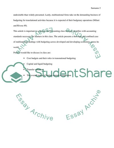 The Rigorous Business of Budgeting for International Operations by Milani and Rivera