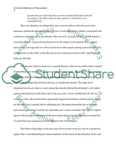 Criminal Defence of Provocation