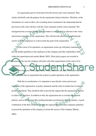 Implementation Plan for a Code of Ethics
