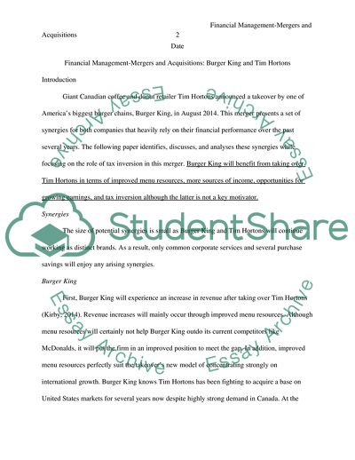 Mergers and Acquisitions: Burger King and Tim Hortons