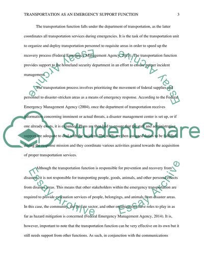 Transportation as an Emergency Support Function
