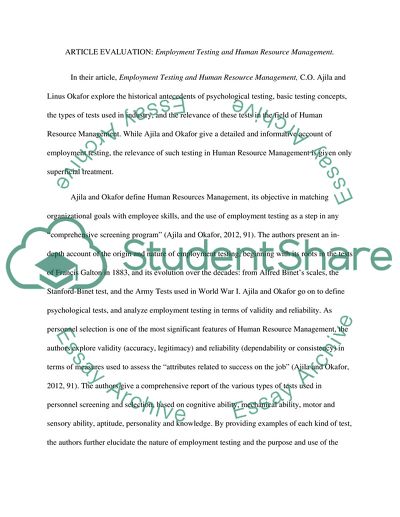 Employment Testing and Human Resource Management