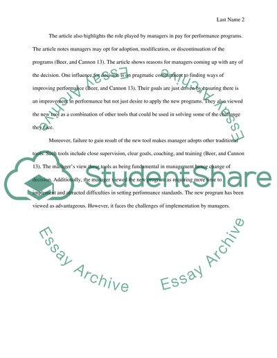 Analysis of Promise and Peril in Implementing Pay-For-Performance Article by Beer and Cannon