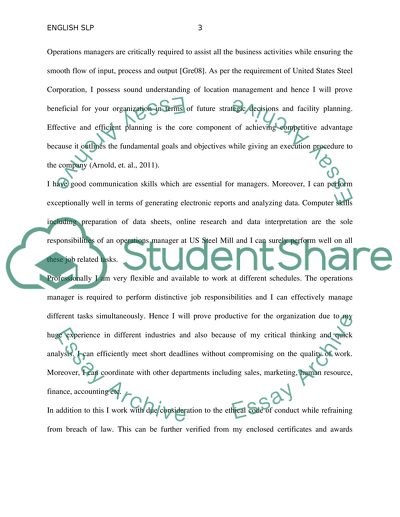 Cover Letter for the Post of Operations Manager at United States Steel Corporation