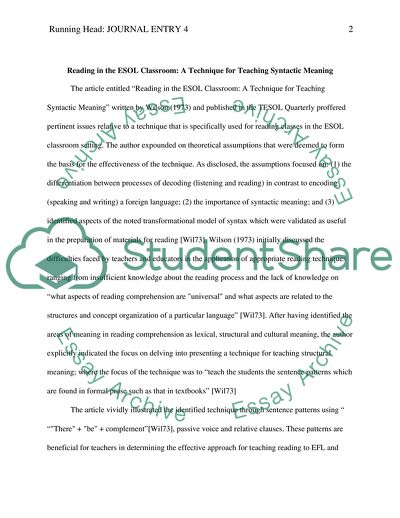 Reading in the ESOL Classroom: A Technique for Teaching Syntactic Meaning