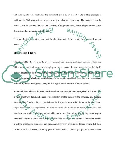 Robert Cox, Stakeholder Theory, Management Theory