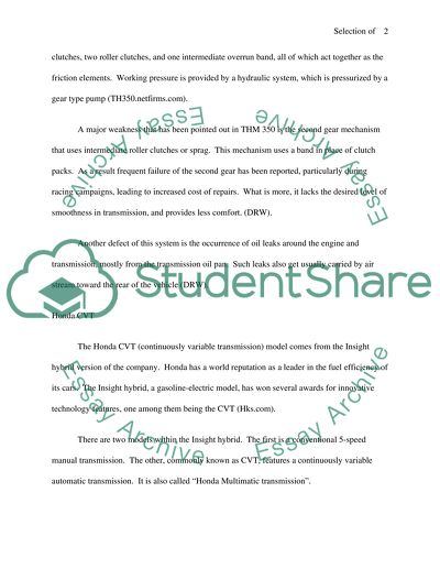 Selection of a Car Transmission System