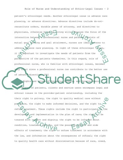 Role of the Nurse Demonstrating Understanding of the Professional and Ethicolegal Issues