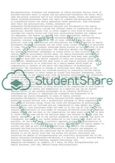 Entrepreneurship----Strengths and weaknesses of family businesses