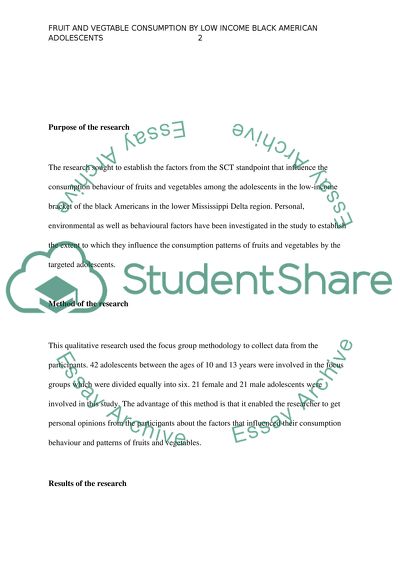 Article Critique: Fruit and Vegetable Consumption by Low-Income Black American Adolescents