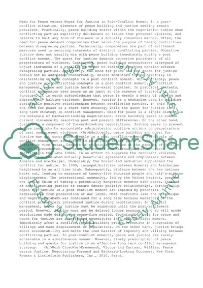 Need for Peace versus Hopes for Justice in Post-Conflict Moment