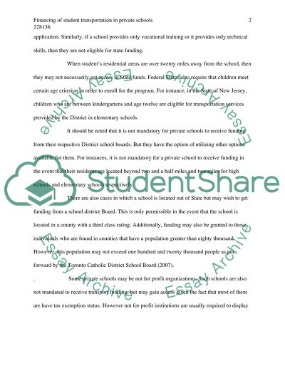 Financing of Student Transportation in Private Schools