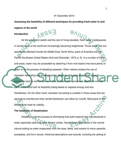 Assessing the Feasibility of Different Techniques for Providing Fresh Water to Arid Regions of the World