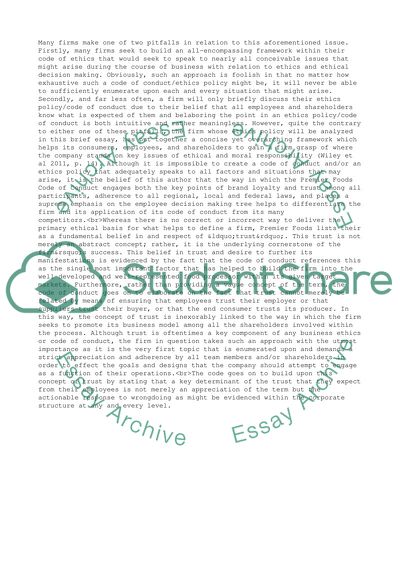 Review of Premier Foods Code of Ethics and Its Implications