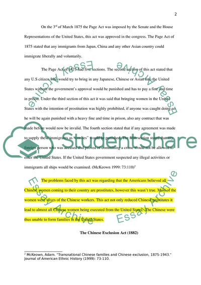 Chinese Immigrations to the United States of America