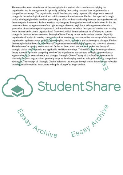 Assumptions and Contribution of the Strategic Choice Theory