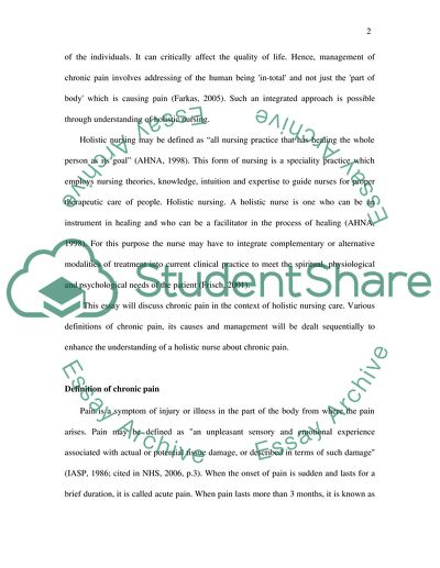Management of Chronic Pain in Relation to Holistic Nursing Practice