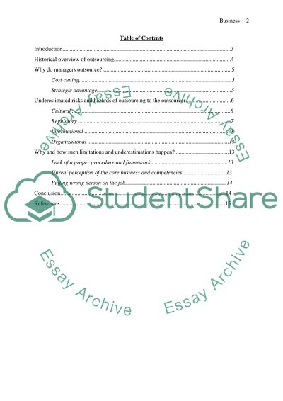 The Potential Hazards and Costs of Managers Decision of Choosing to Outsource a Function