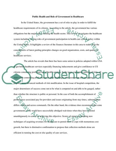 Public Health and Role of Government in Healthcare