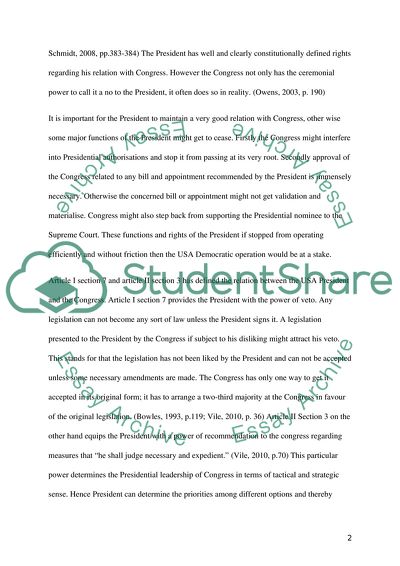 The Relationship between the President of United States of America and Congress