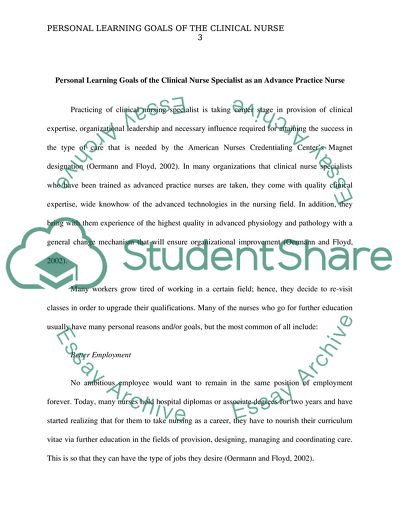 Personal Learning Goals of the Clinical Nurse Specialist