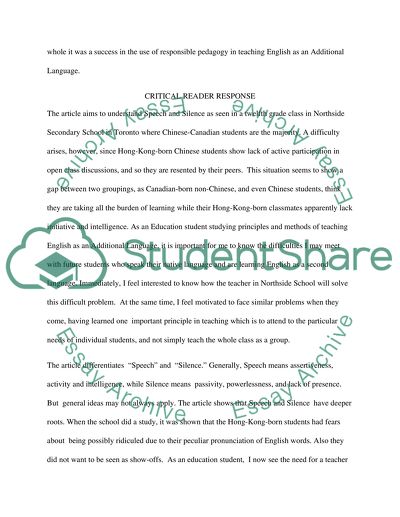 Critical reader response (1 page summary, and 2 pages of critical response)