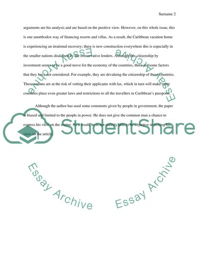 Critical Analysis: Caribbean Exchange, Invest in Property and Get Citizenship by Kris Hudson