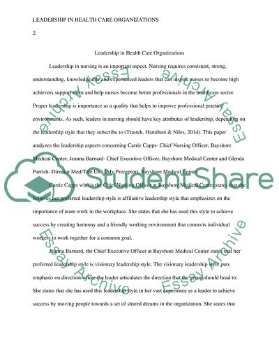 Leadership in Health Care Organizations