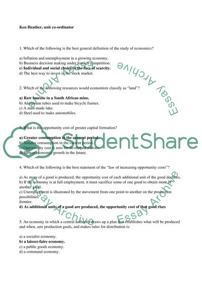 Economics 20 multiple choice questions |(NO woRD COUNT)