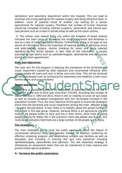 Bisha. Health sciences and medicine Proofreading: Eye Care programm GRNT Proposal