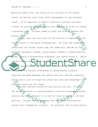 Article Critique: Welcome to the Great Conversation by Vollmer