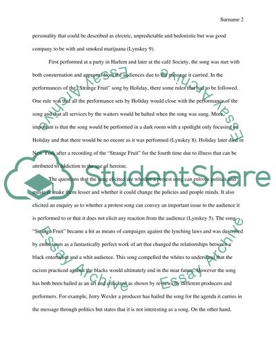 Billie Holidays singing of the protest song Strange Fruit