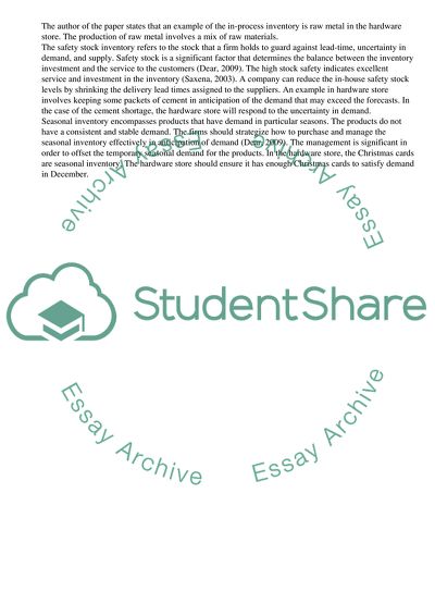 In-Process Inventory, Safety Stock Inventory, and Seasonal Inventory