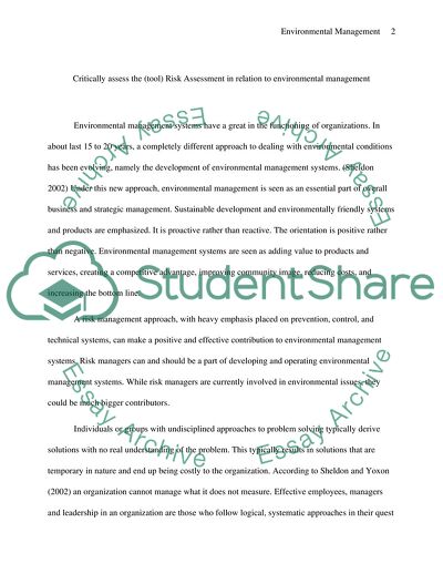 Risk Assessment in Relation to Environmental Management