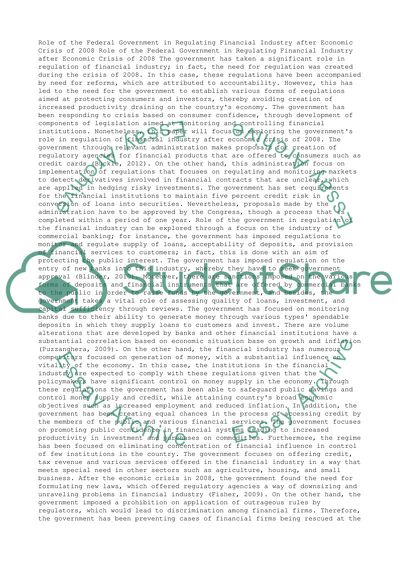 Role of the Federal Government in Regulating Financial Industry after Economic Crisis of 2008