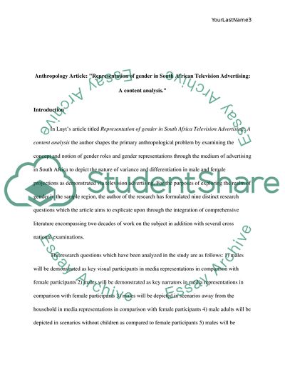 Representation of gender in South African Television Advertising